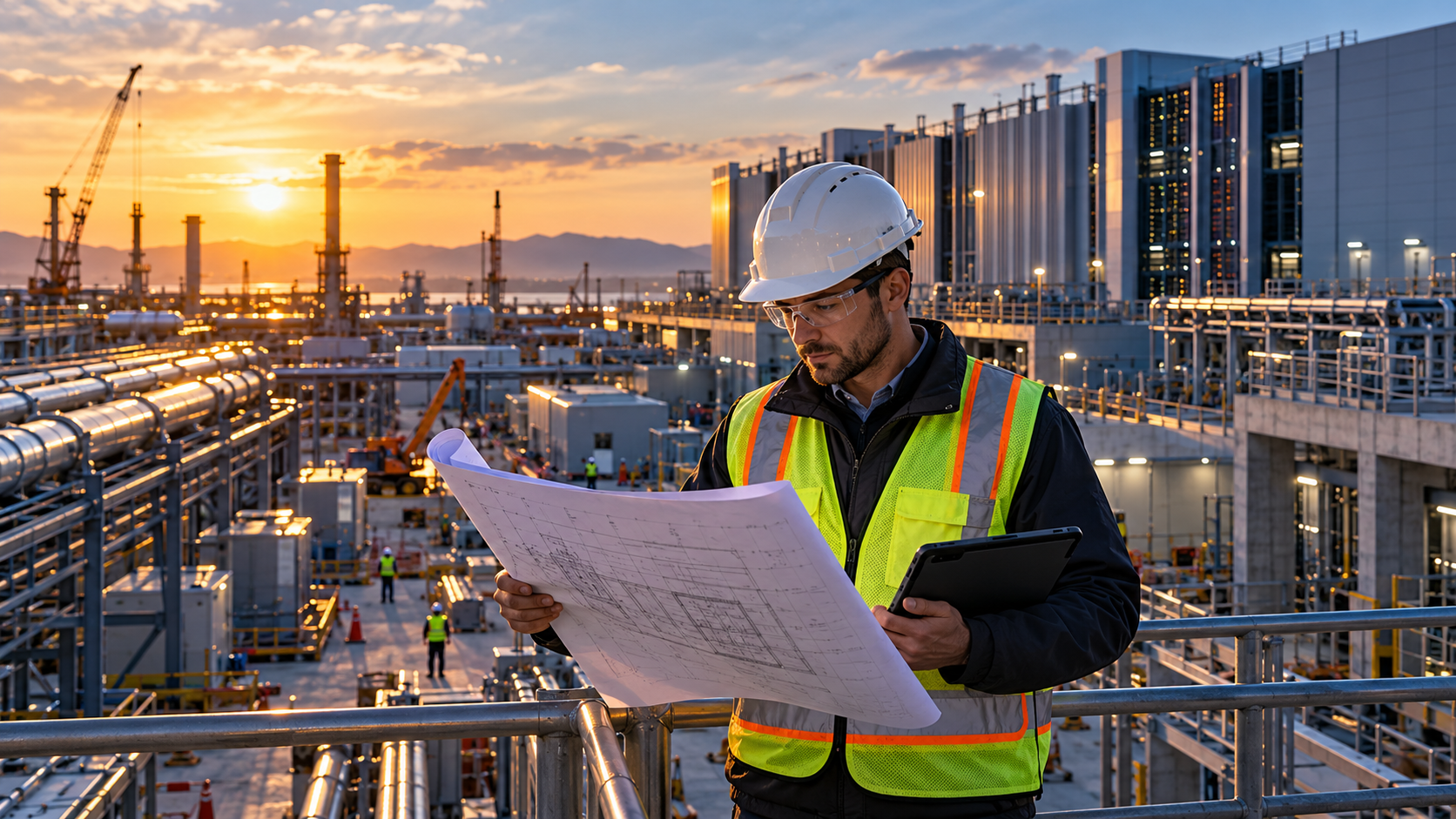Planner reviewing project drawings at a large industrial site